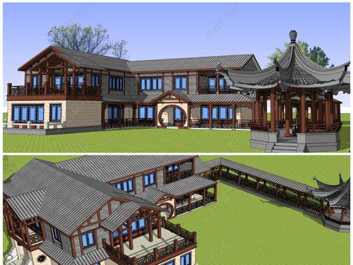 精品中式古典园林风格别墅建筑会所建筑su模型设计模型下载