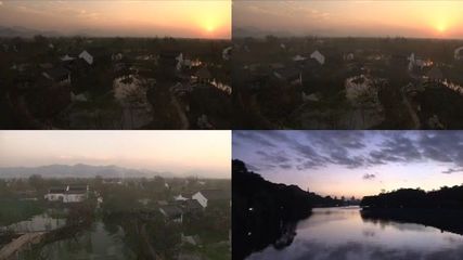 西溪景色夕阳农村水塘古住宅湖景风景漫游
